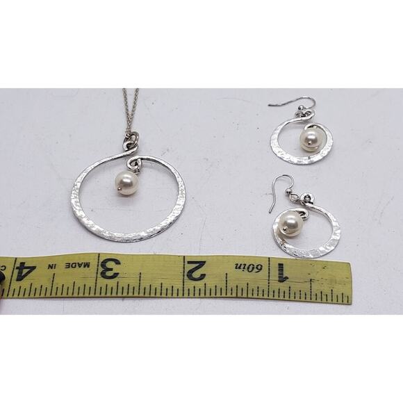 Blue Sky Necklace Earrings Faux Pearl Set Hammered Sterling Silver Gift Box - Picture 4 of 8